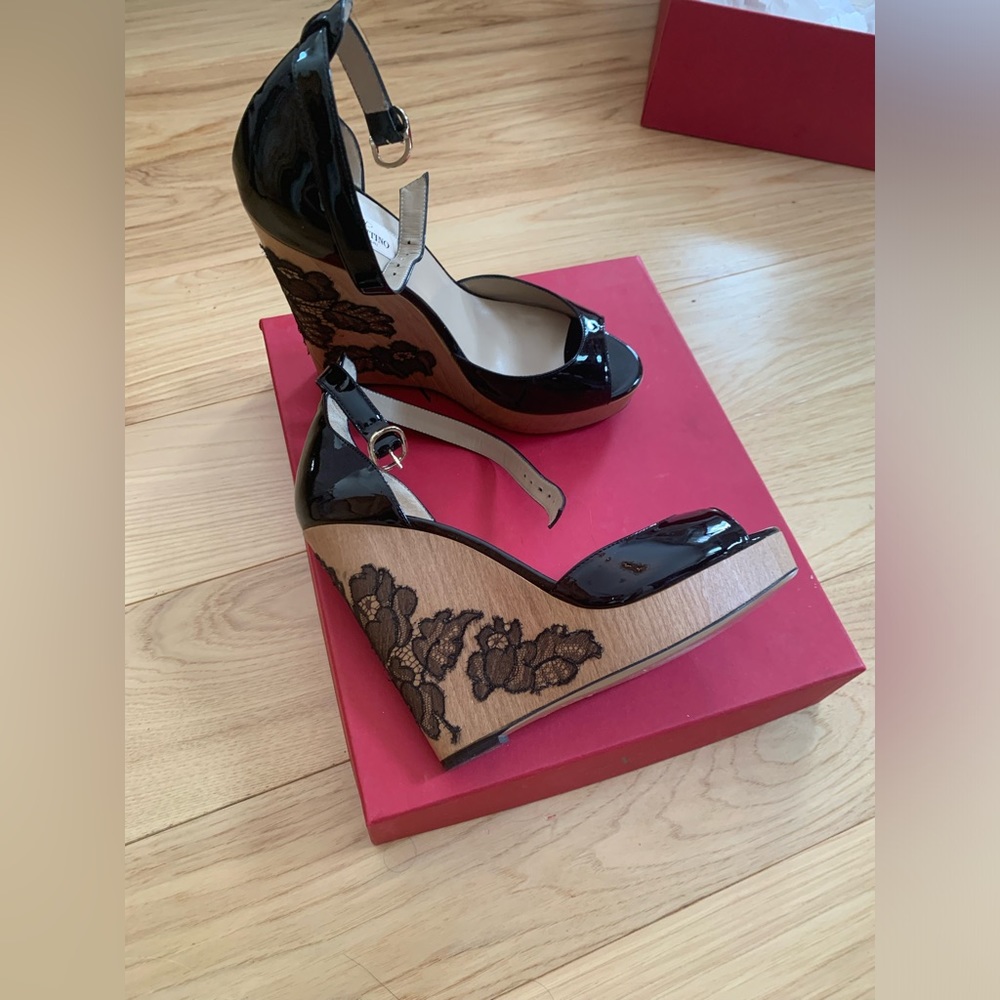 Valentino Garavani Leather Lace Wedge Sandals